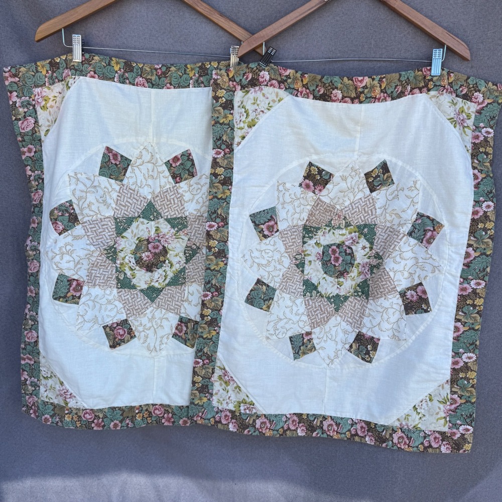 Peking Quilted Pillow Shams Standard Cream Floral Patchwork Starburst Set 2pc